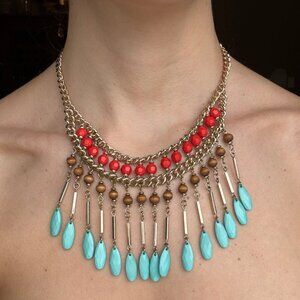 Vintage Egyptian Revival Bib Necklace - Turquoise & Coral 65g